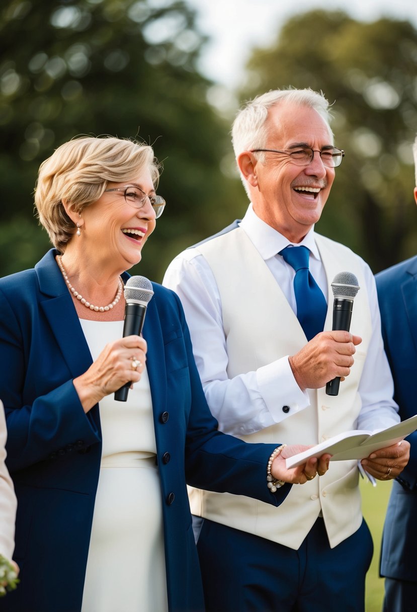 Both sets of parents stand side by side, each holding a microphone and speaking with joy and emotion as they share their heartfelt wedding speech ideas for the groom