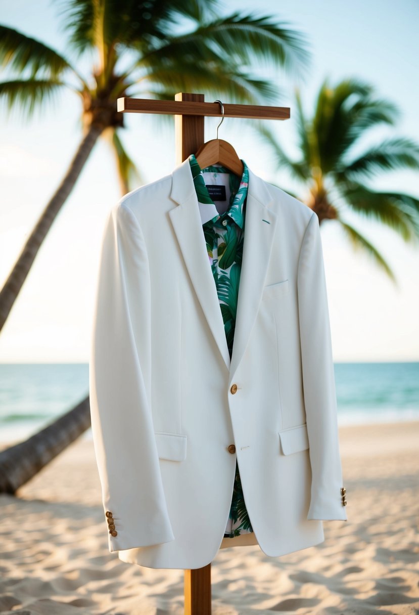 A white suit jacket with a tropical print shirt hanging on a wooden hanger against a backdrop of a sandy beach with palm trees and the ocean in the distance