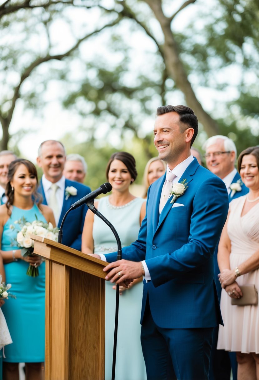 A groom standing at a podium, surrounded by family and friends, smiling as he recalls his first meeting with his spouse