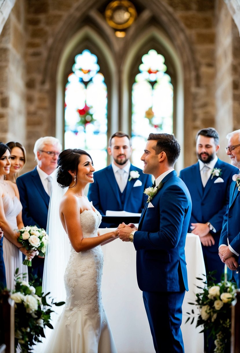 A groom standing at the altar, looking at his partner with adoration, surrounded by friends and family, as he delivers a heartfelt speech expressing his admiration and love