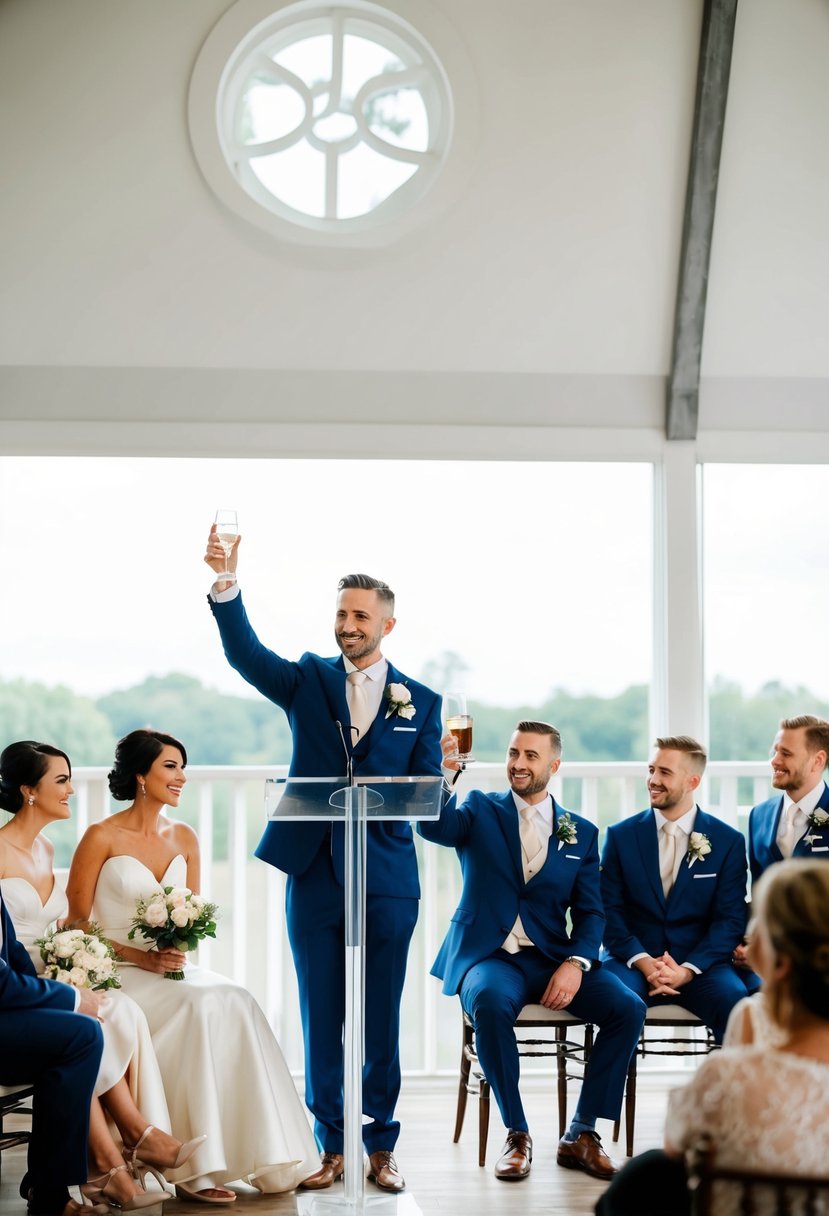 A groom standing at a podium with his wedding party seated nearby, raising a glass to thank them for their support