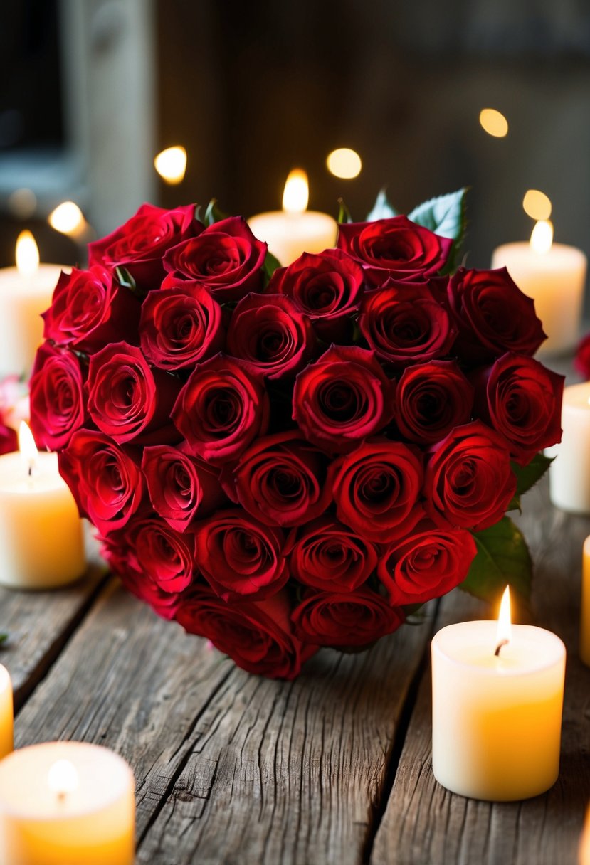 A heart-shaped bouquet of red roses rests on a rustic wooden table, surrounded by flickering candles and soft, romantic lighting