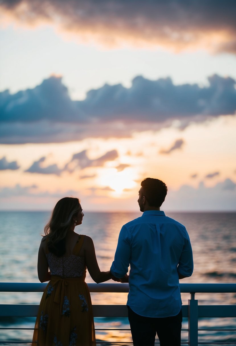 A couple standing together, gazing at a sunset over the ocean, with a sense of anticipation and excitement for their future together