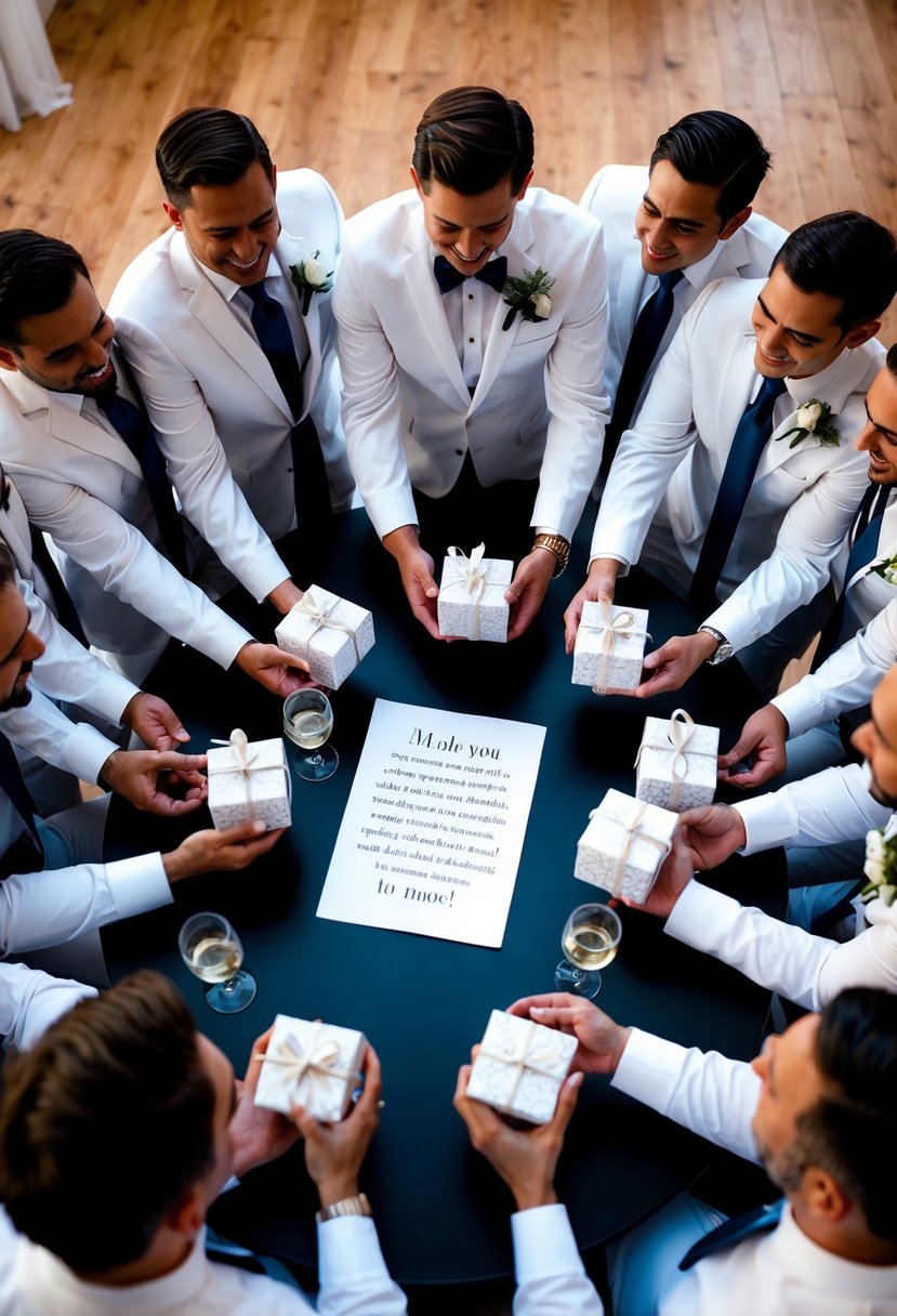 A group of groomsmen gathered around a table, each holding a personalized gift and a note asking them to be part of the wedding