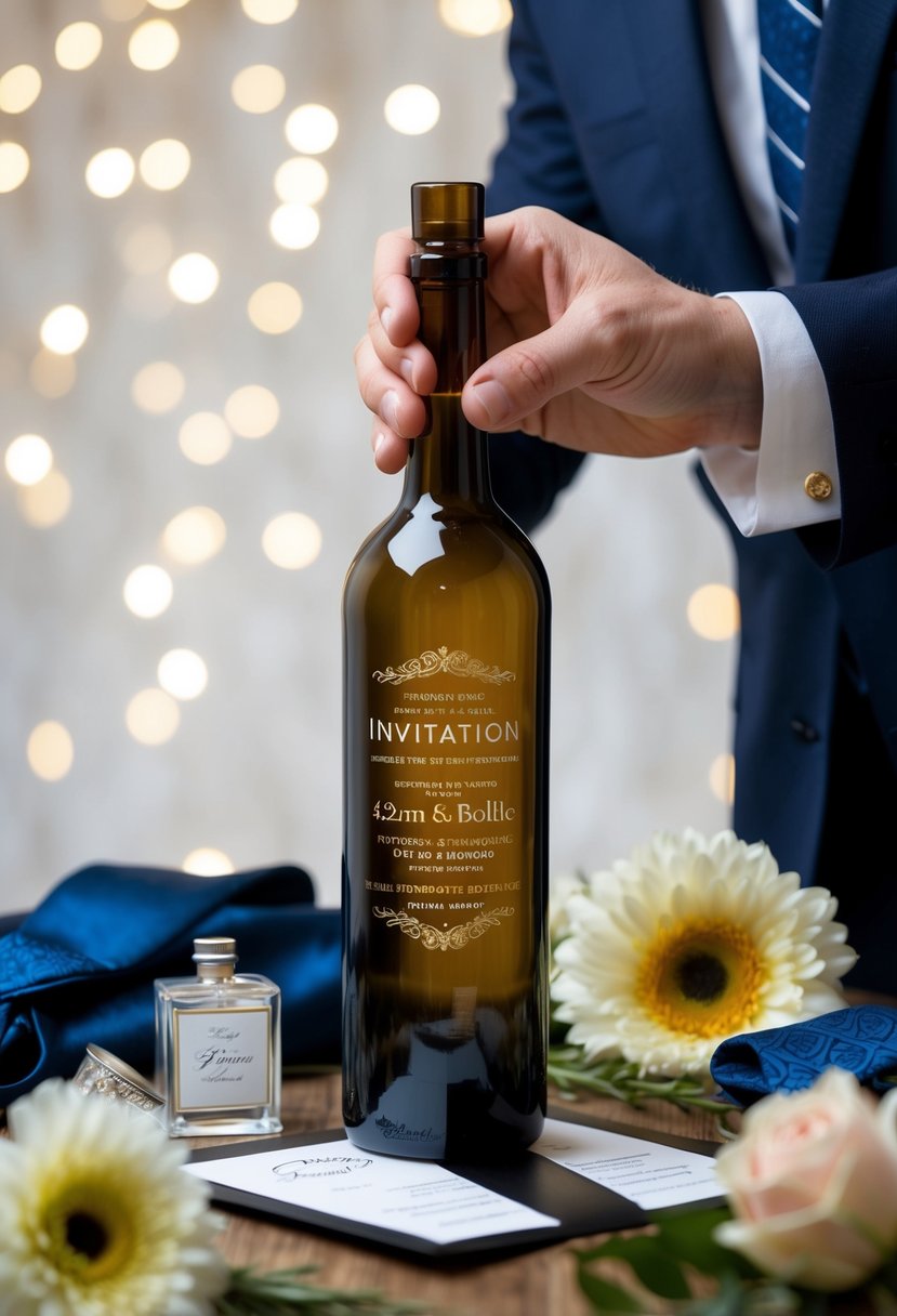 A bottle being engraved with an invitation, surrounded by wedding-related items like a suit, tie, and flowers