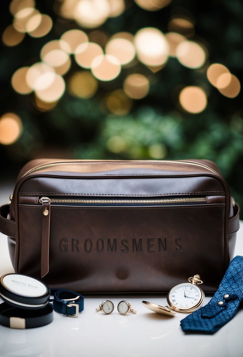 A personalized leather toiletry bag with groomsmen's initials embossed, surrounded by wedding-related items like cufflinks, ties, and a pocket watch