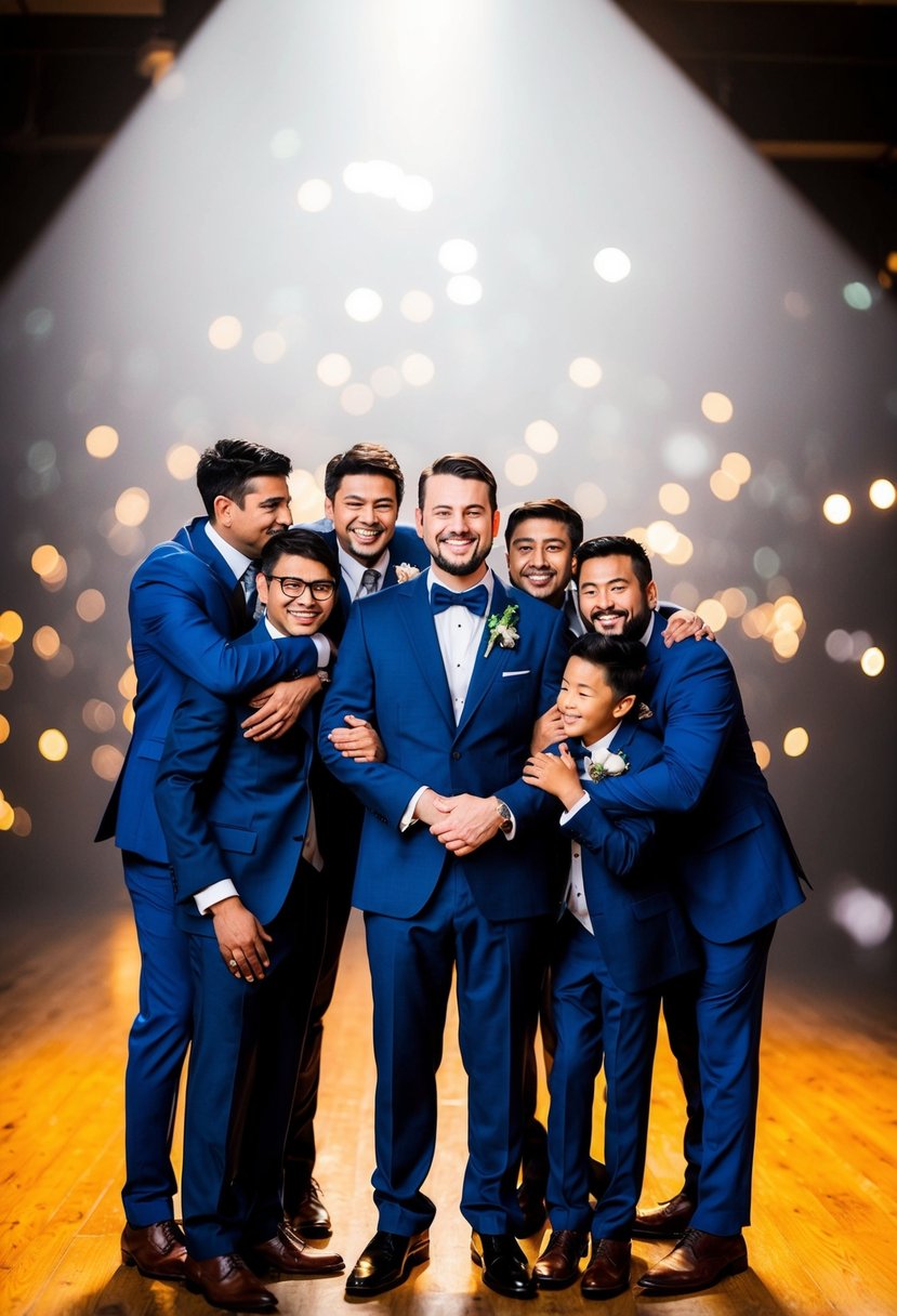 A groom standing in a spotlight, surrounded by his siblings, with warm embraces and smiles conveying their love and support