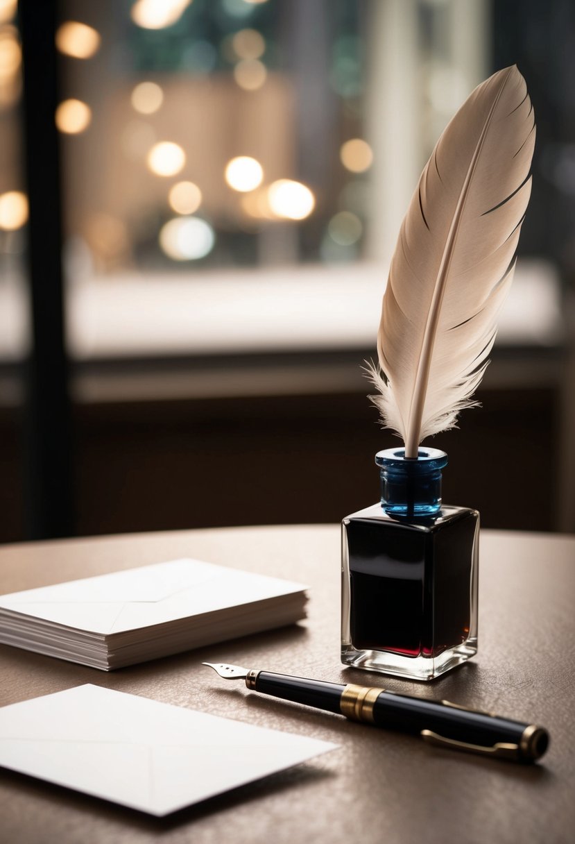 A table with a quill pen, ink bottle, and stack of blank cards