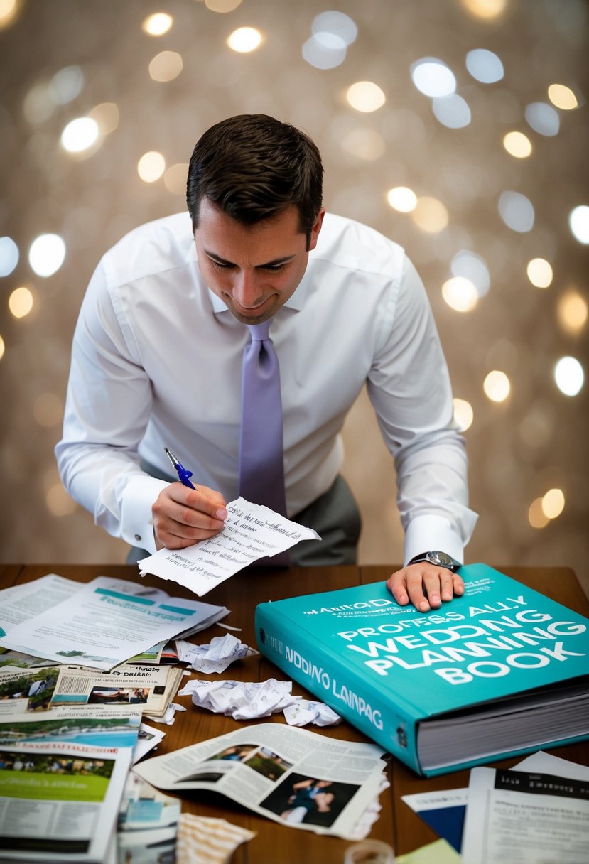 A groom frantically scribbles speech ideas on a crumpled paper, surrounded by torn magazine clippings and a comically large wedding planning book