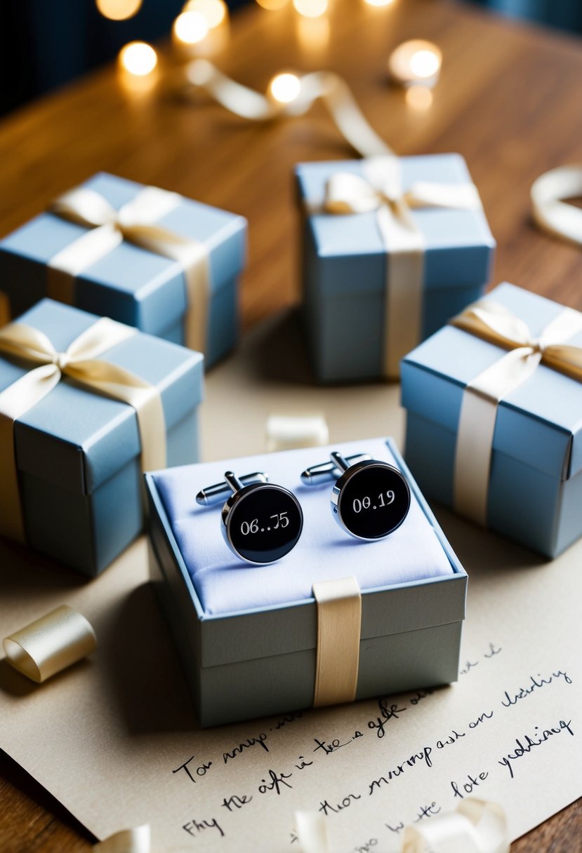 A group of personalized cufflinks displayed in a gift box with the wedding date engraved, surrounded by elegant wrapping and a handwritten note