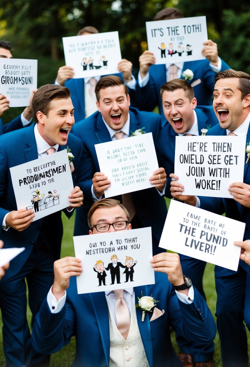 A group of groomsmen receiving comically oversized invitation cards, each with a different humorous message and illustration, causing them to burst into laughter