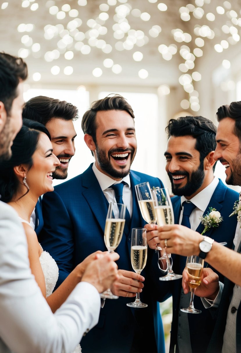 A groom surrounded by friends, laughing and toasting with champagne, as they brainstorm wedding speech ideas