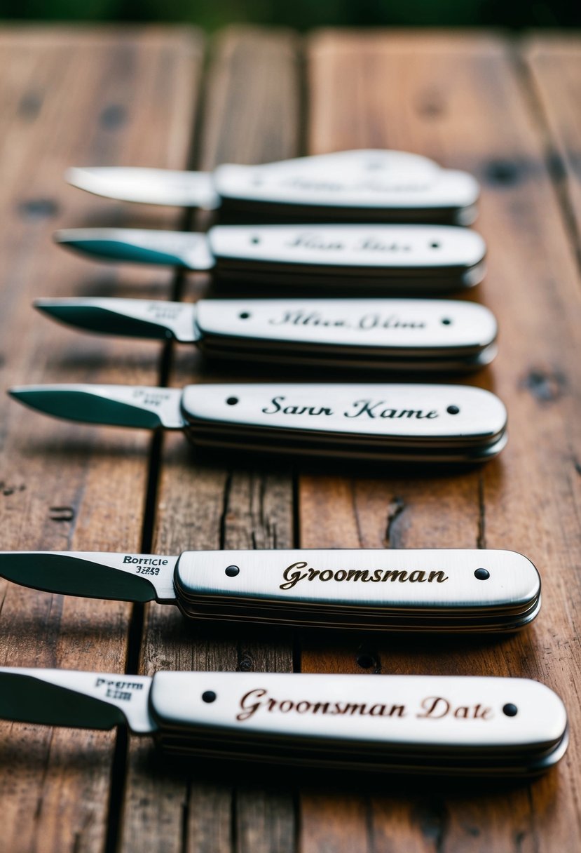 A group of personalized pocket knives arranged on a rustic wooden table, each engraved with the name of a groomsman and the wedding date