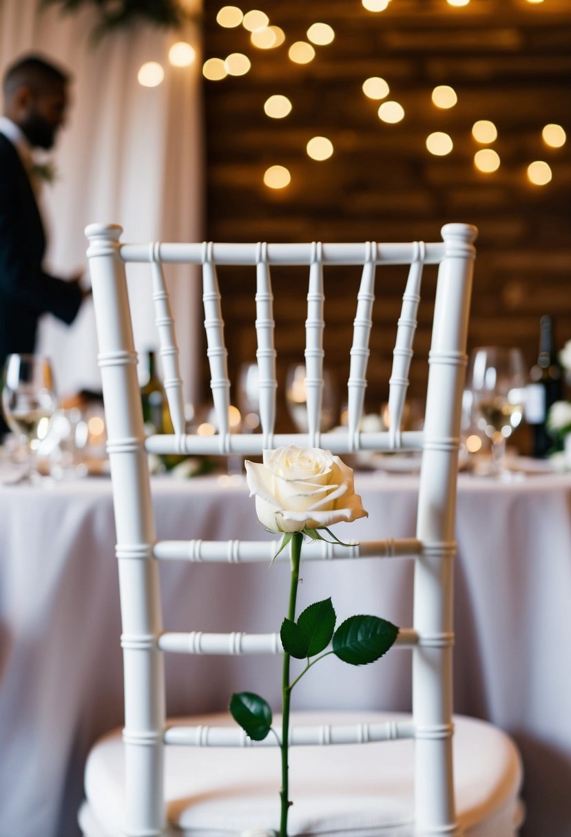 An empty chair at the head table, adorned with a single white rose, symbolizing the presence of absent loved ones during the groom's wedding speech