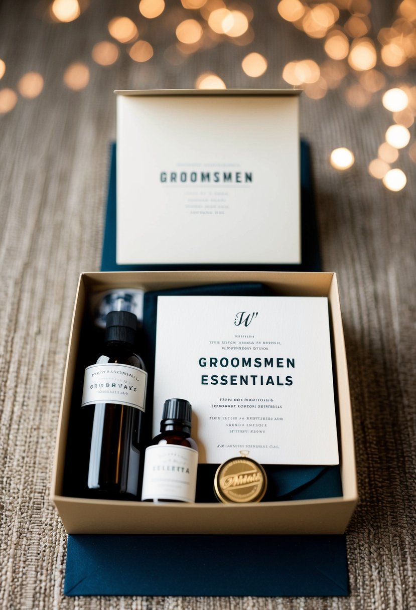 A box filled with groomsmen essentials and a personalized invitation