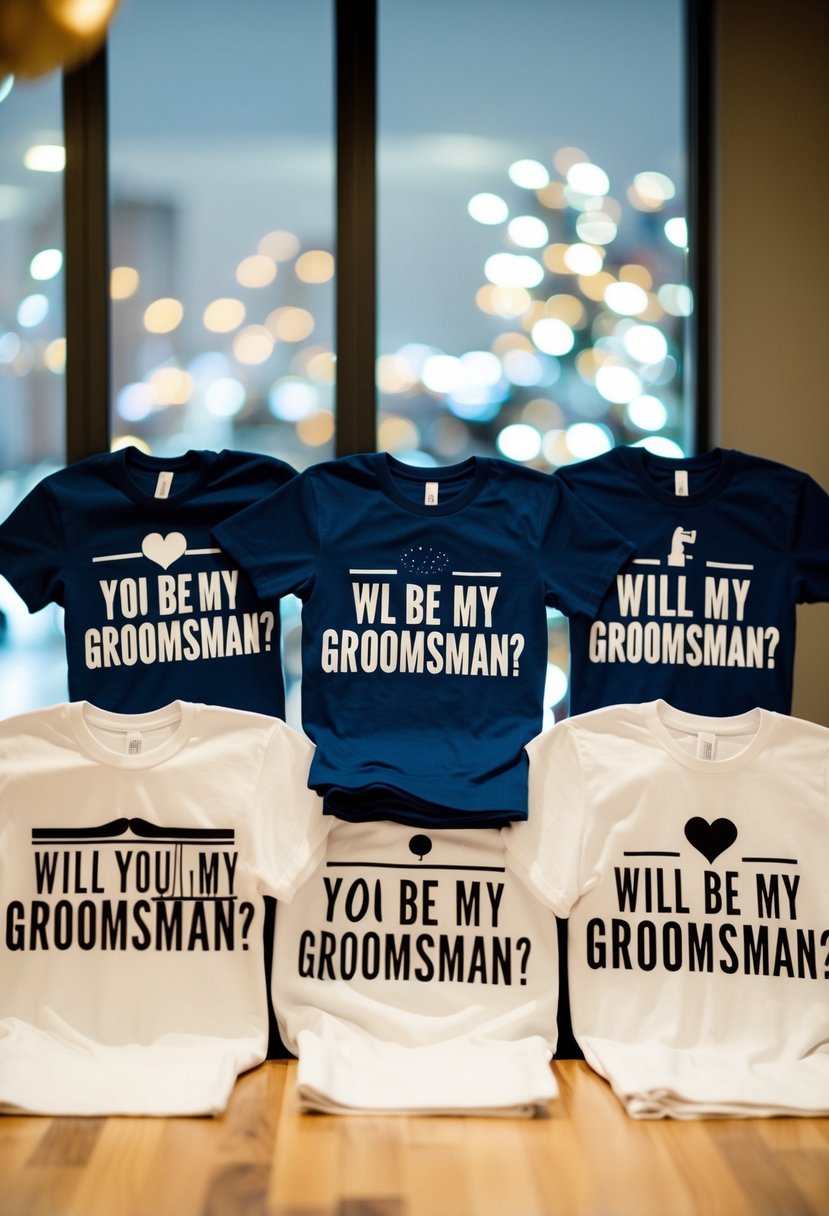 A group of t-shirts arranged on a table, each with a different design asking "Will you be my groomsman?" in bold lettering