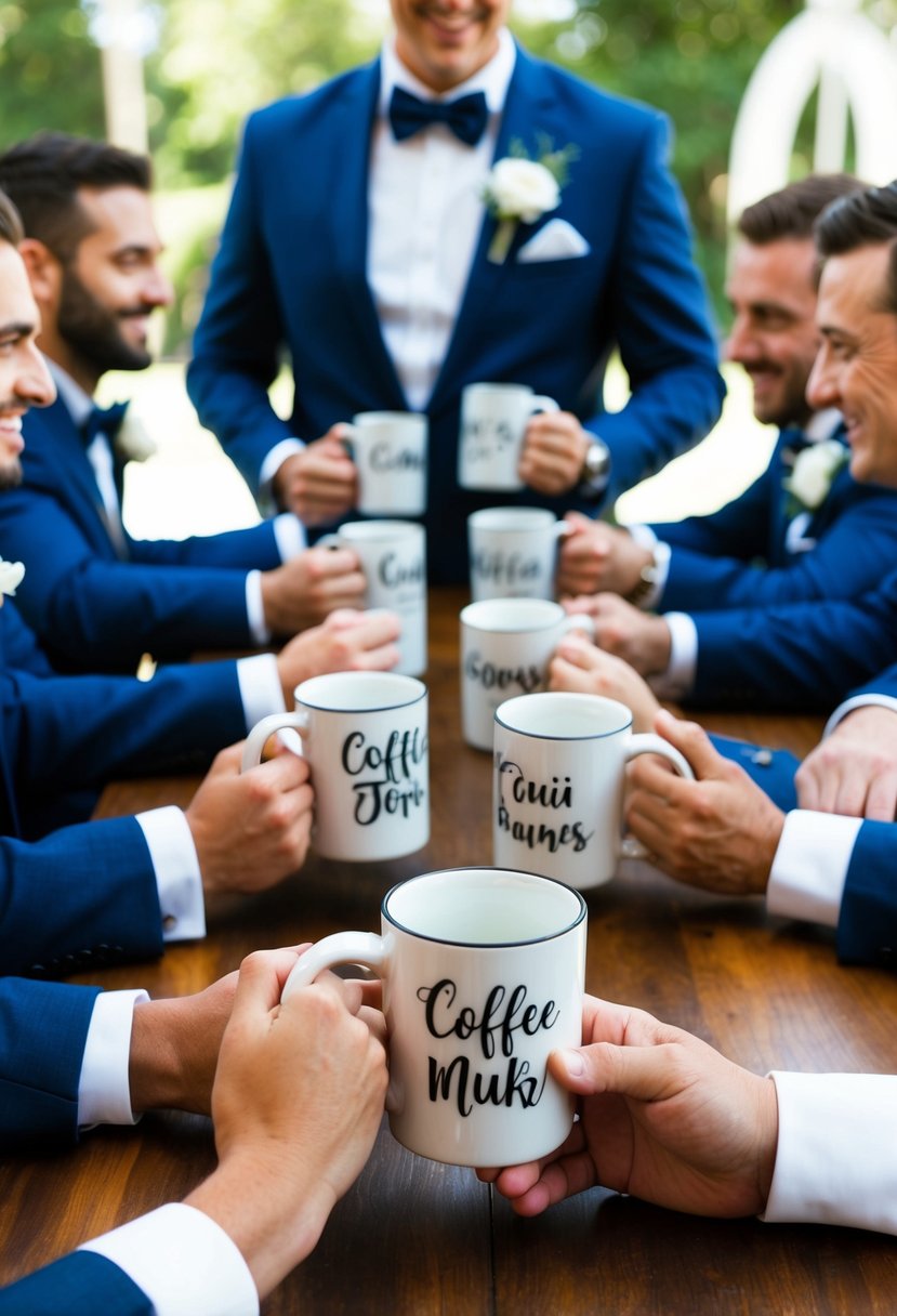 A group of groomsmen gather around a table, each holding a personalized coffee mug with a design that reflects their individual personalities