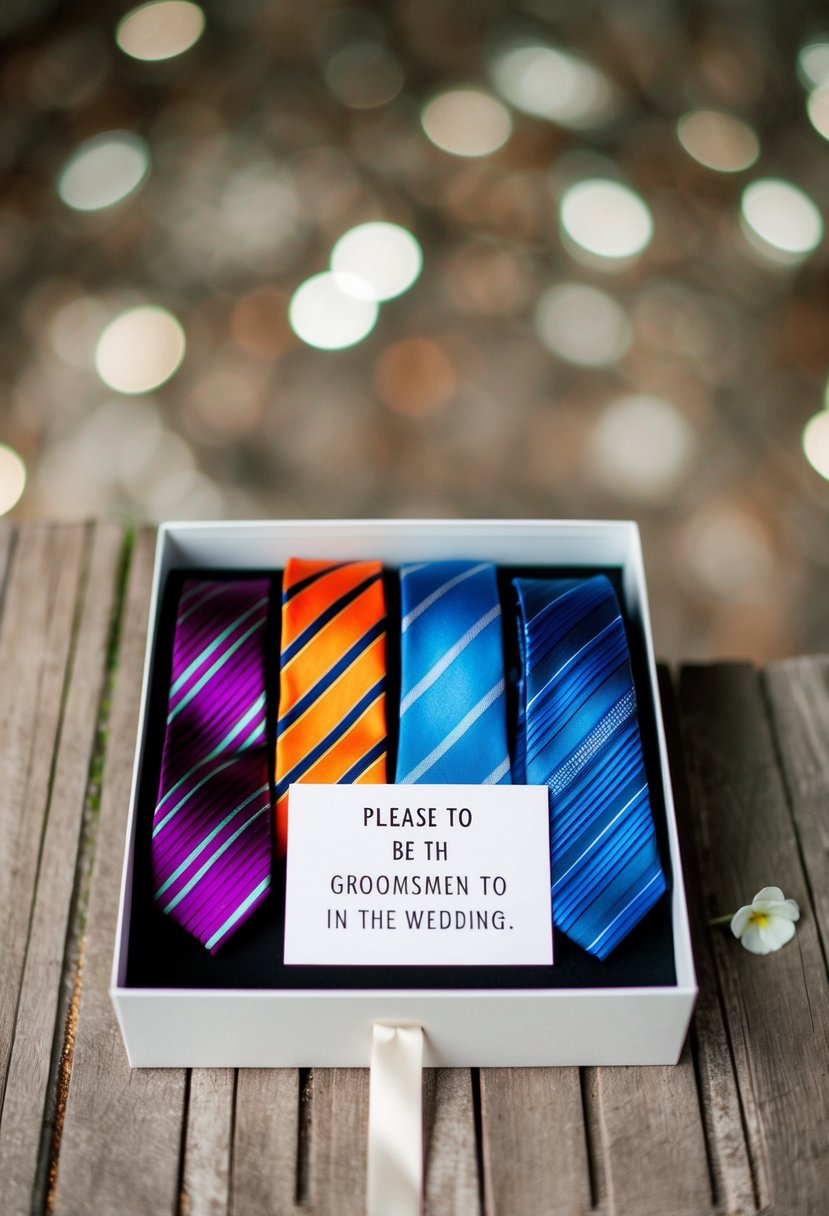 A group of colorful ties arranged in a decorative box with a note asking groomsmen to be in the wedding