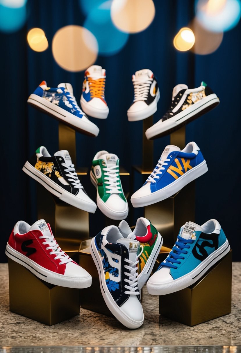 A group of personalized sneakers arranged in a stylish and eye-catching display, each pair featuring unique designs and colors tailored to each groomsmen's personality and interests