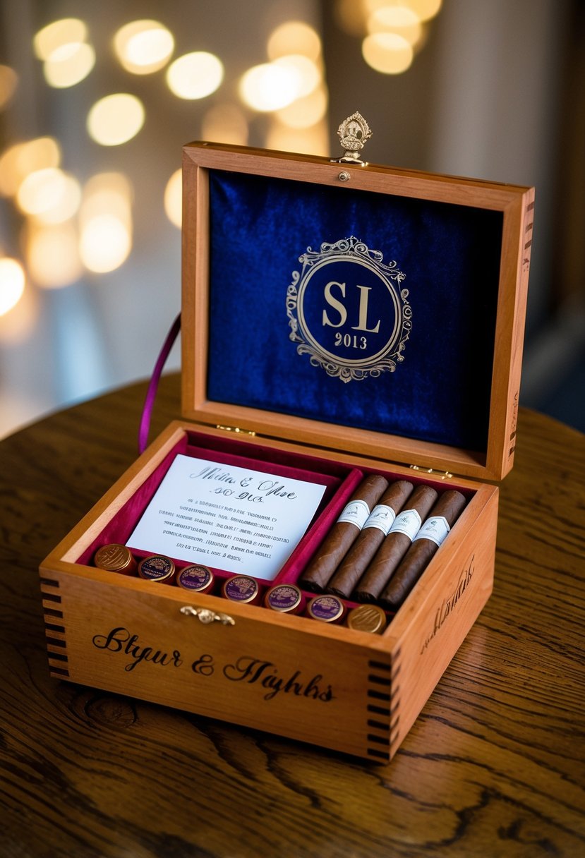 A wooden cigar box adorned with personalized initials and wedding date, filled with assorted cigars and a custom message card nestled in the velvet lining