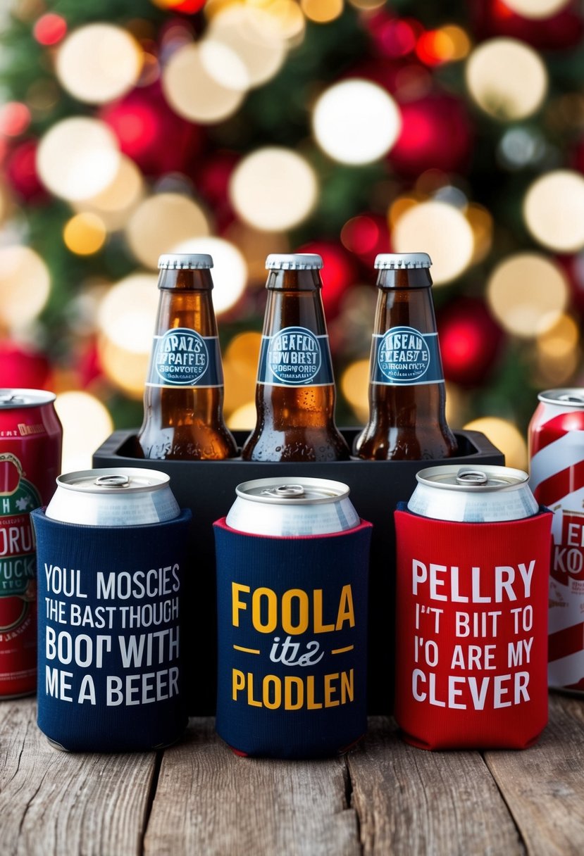 A group of personalized koozies surround a cold six-pack, each one featuring a different clever and humorous message, set against a festive background