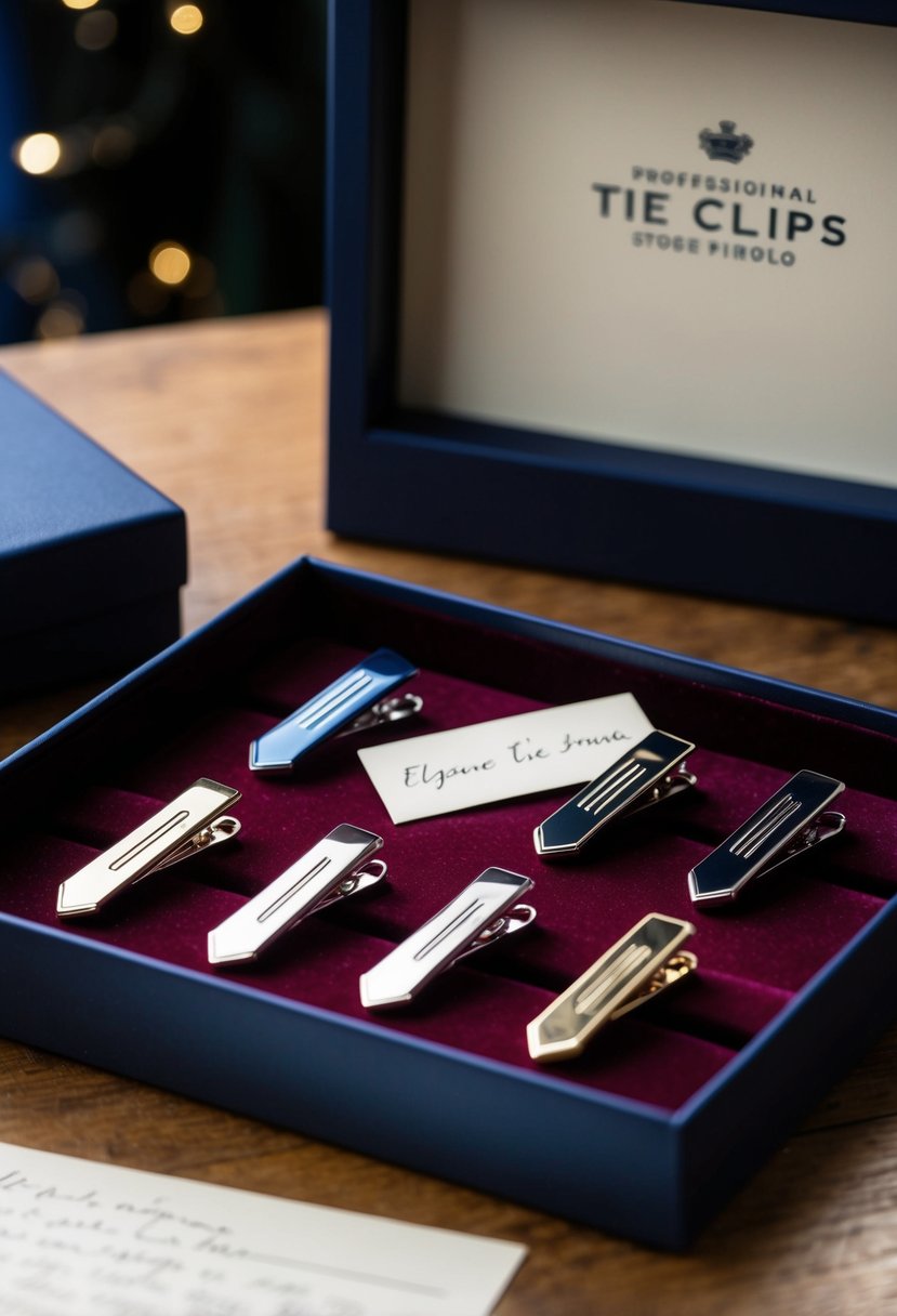 A collection of sleek tie clips displayed on a velvet-lined tray, with elegant packaging and a handwritten note