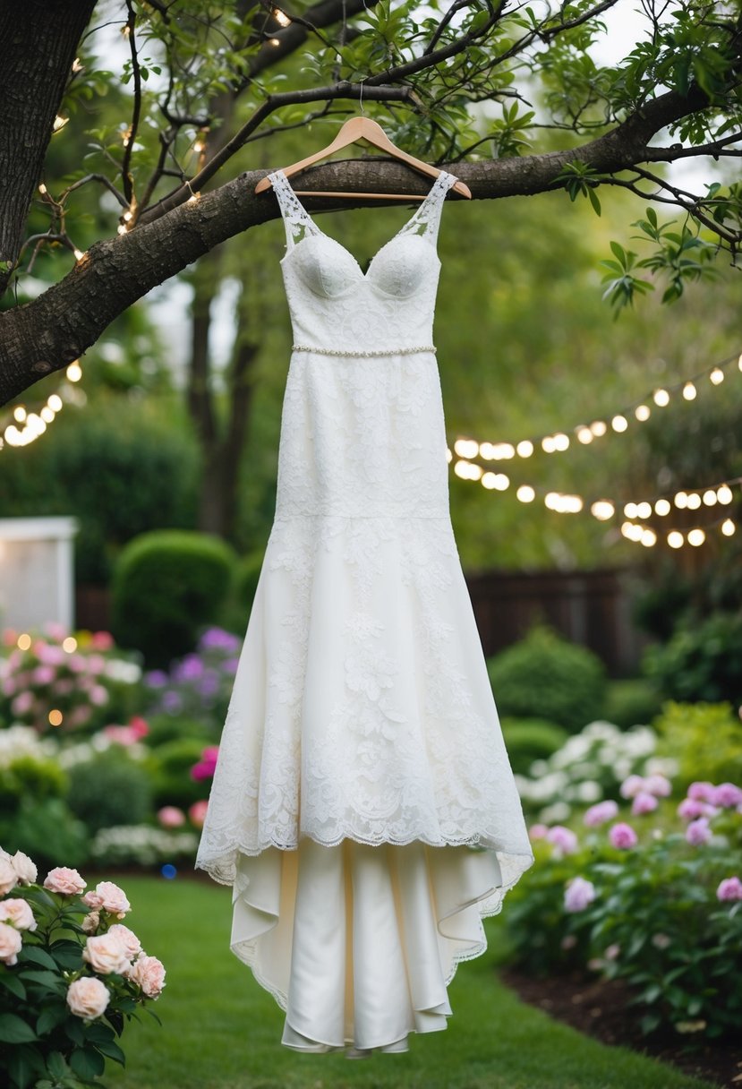 A white lace wedding dress hanging from a tree branch in a lush backyard garden, surrounded by blooming flowers and twinkling string lights