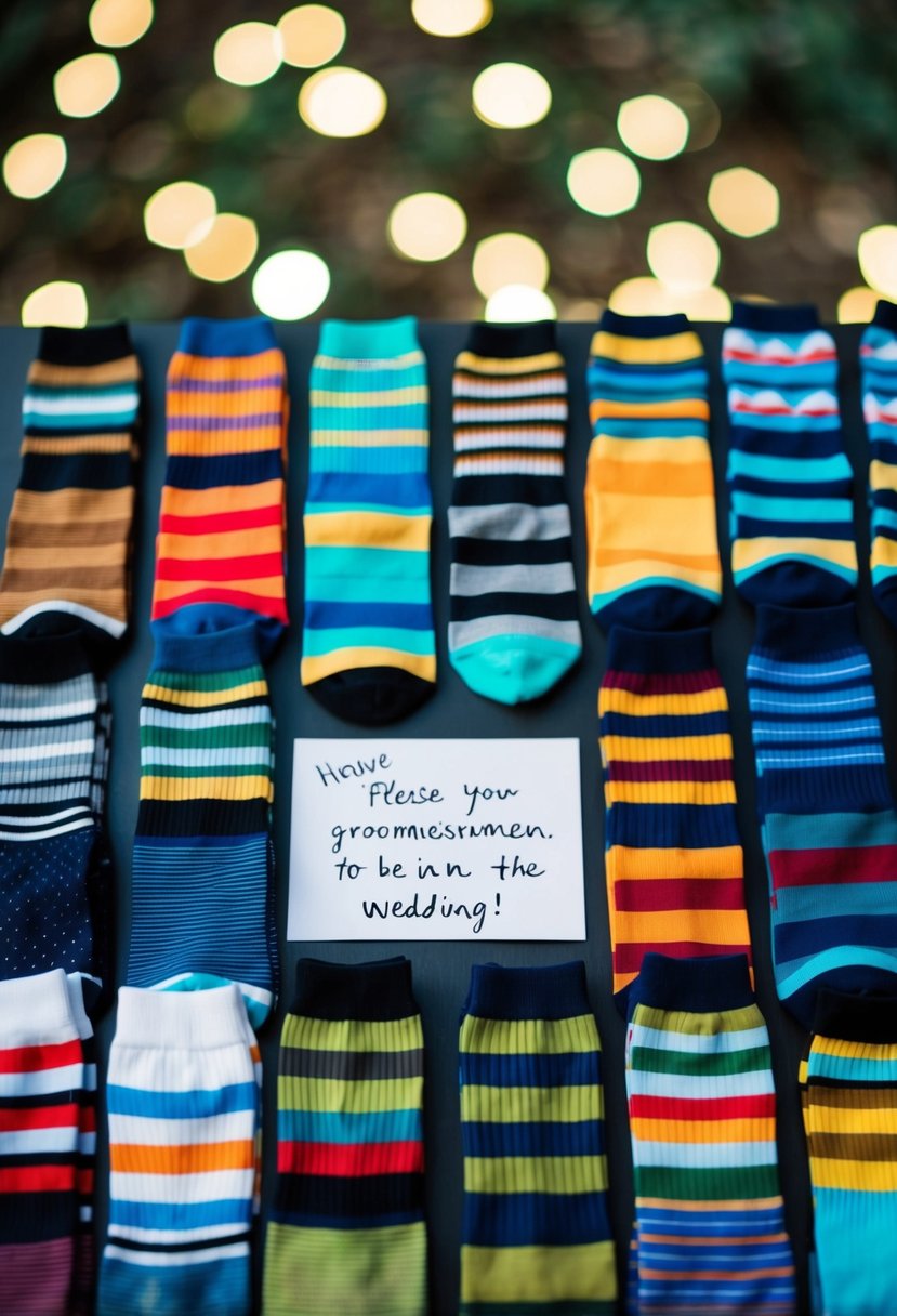 A collection of colorful patterned socks arranged in a neat grid, with a handwritten note asking groomsmen to be in the wedding