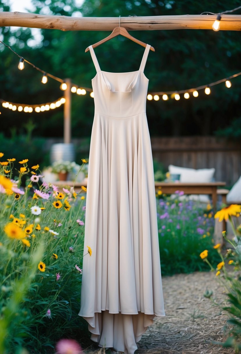 A chic square neckline crepe gown hangs on a rustic wooden hanger, surrounded by wildflowers and twinkling string lights in a cozy backyard setting