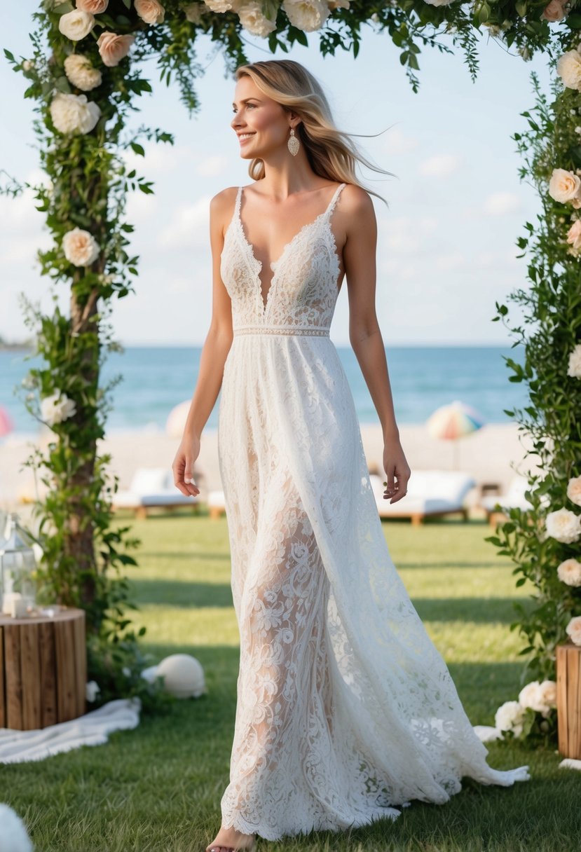 A lace maxi dress flowing in the breeze, surrounded by beachy decor and greenery, evoking a relaxed and romantic backyard wedding vibe