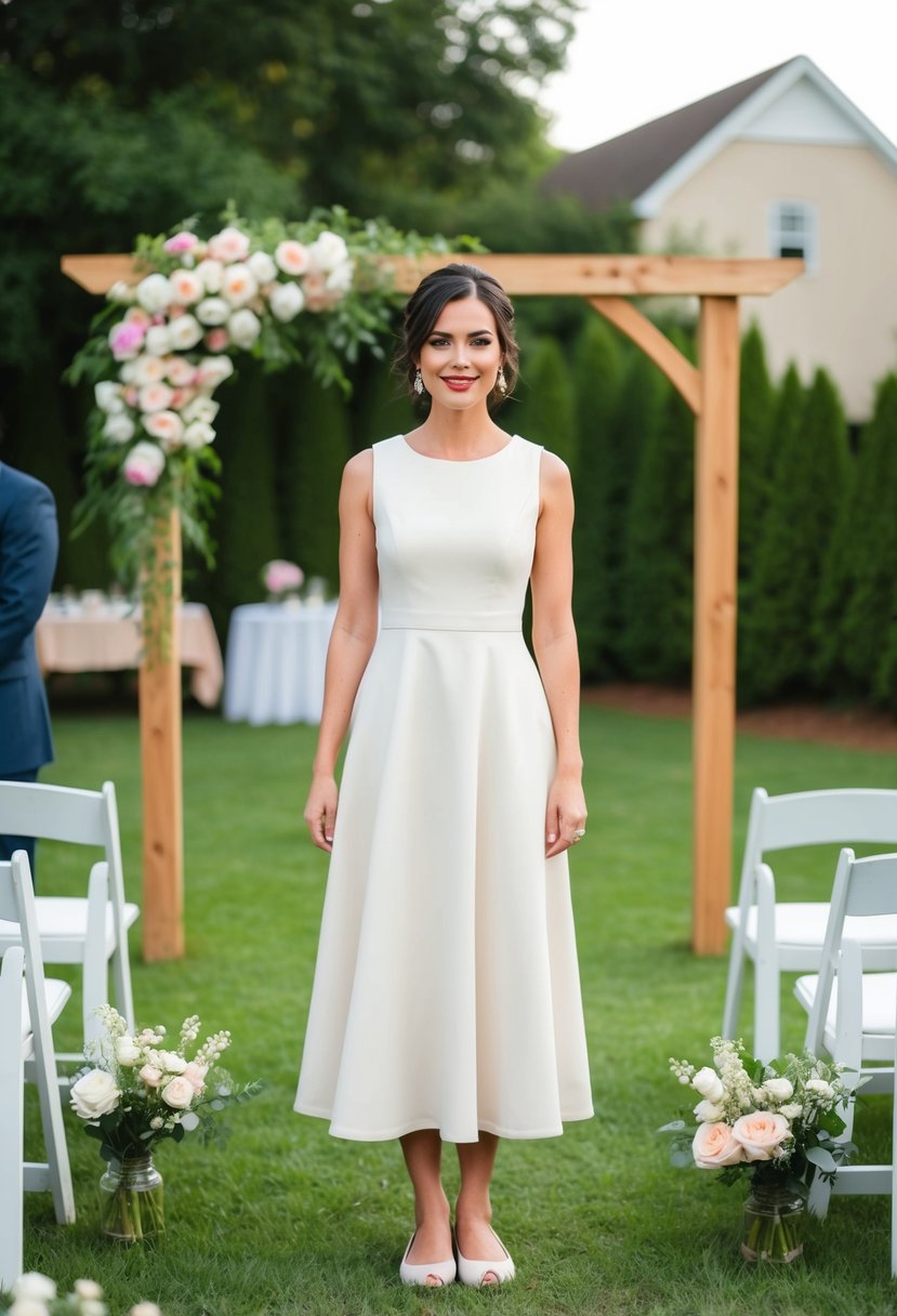 A simple A-line dress paired with casual flats in a backyard wedding setting, with blooming flowers and a quaint wooden archway