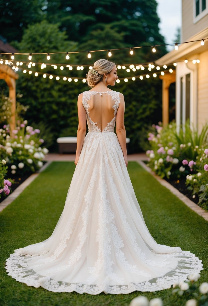 A bride stands in a lush backyard, wearing a flowing backless lace wedding dress, surrounded by twinkling lights and blooming flowers