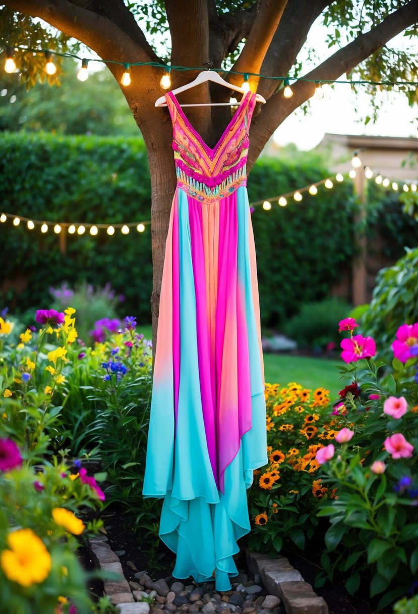 A vibrant, flowing bohemian gown hangs from a tree in a lush backyard setting, surrounded by colorful flowers and twinkling string lights