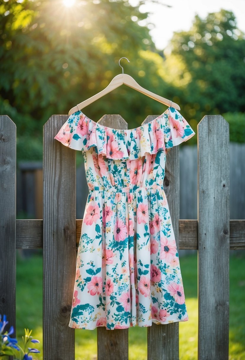 A woman's off-the-shoulder floral dress hanging on a rustic wooden fence in a sunlit backyard