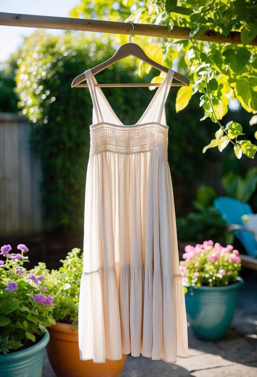 A flowy sundress hangs on a rustic wooden hanger, surrounded by potted flowers and greenery in a sunny backyard setting