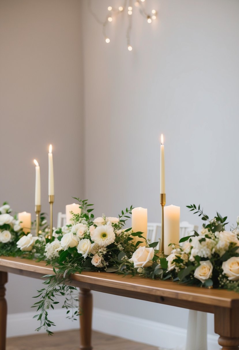 A simple and elegant civil wedding scene with white flowers, greenery, and candles on a wooden table