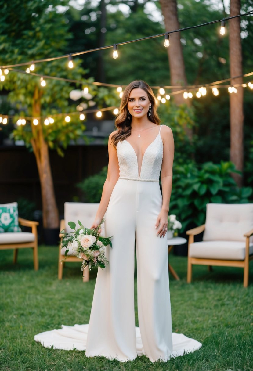 A chic bridal jumpsuit in a backyard setting, with lush greenery, string lights, and a casual yet elegant atmosphere