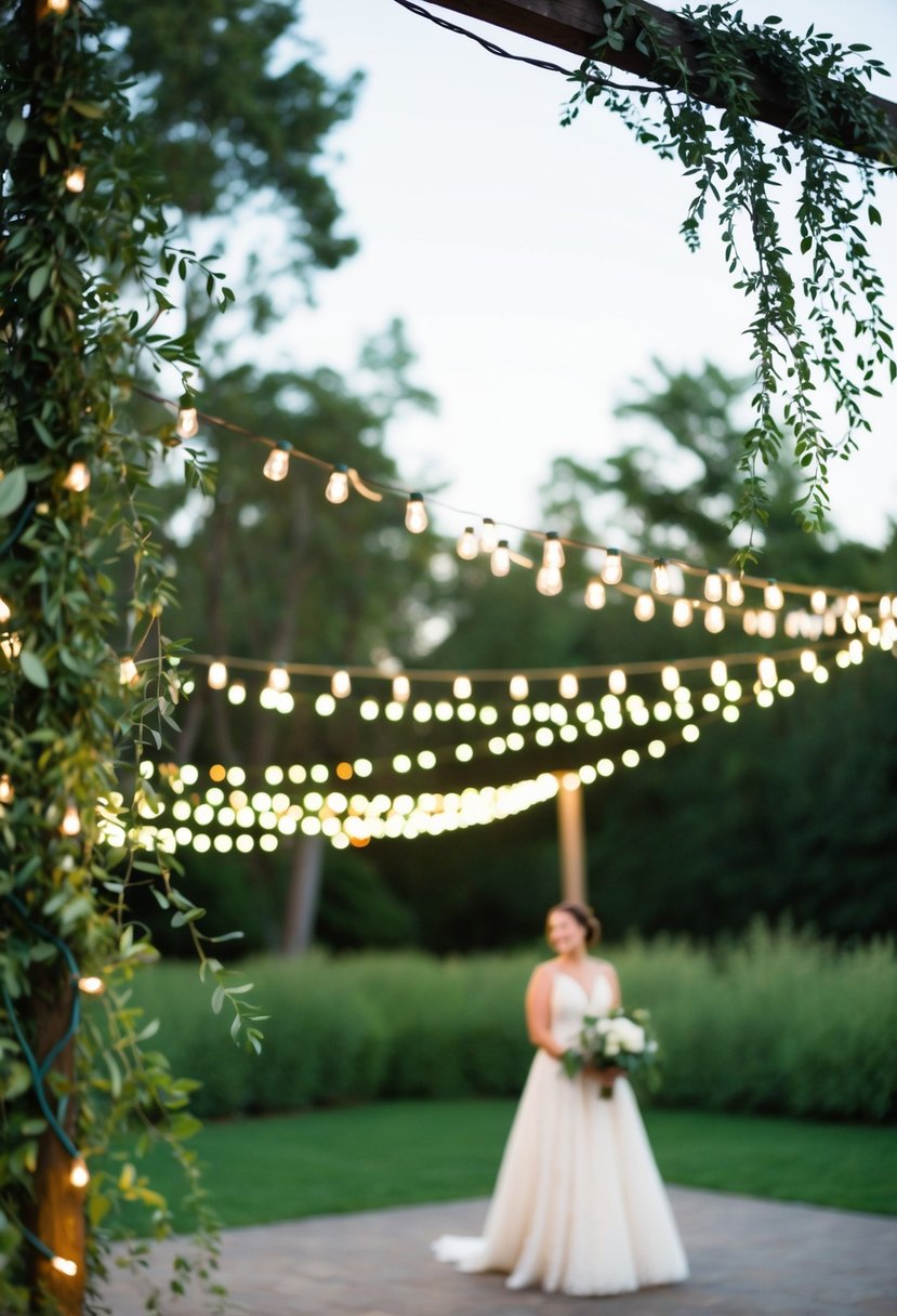 Greenery and string lights weave around a simple outdoor wedding setting, creating a romantic and whimsical atmosphere