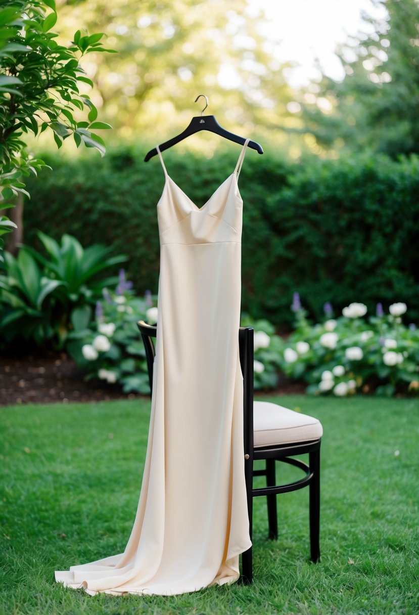 A serene backyard setting with a sleek, elegant slip dress draped over a chair, surrounded by lush greenery and soft, romantic lighting