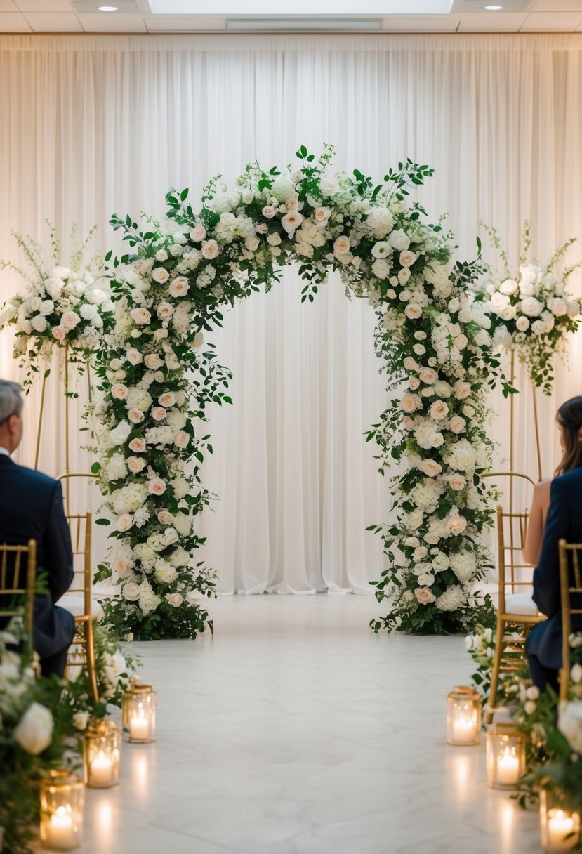 An elegant floral arch stands as the centerpiece of a civil wedding, surrounded by soft lighting and delicate decor