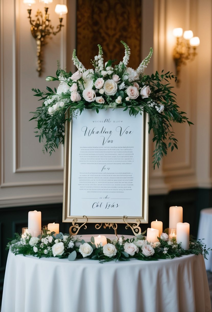 A custom-made wedding vow display stands on a table adorned with elegant floral arrangements and soft candlelight