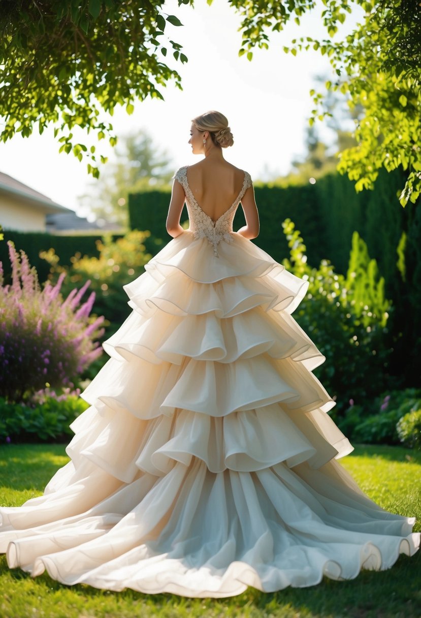 A majestic tiered gown billows in the breeze, set against a lush backyard garden with a romantic, ethereal ambiance