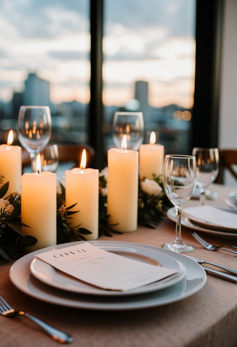 A simple table setting with candles for a civil wedding