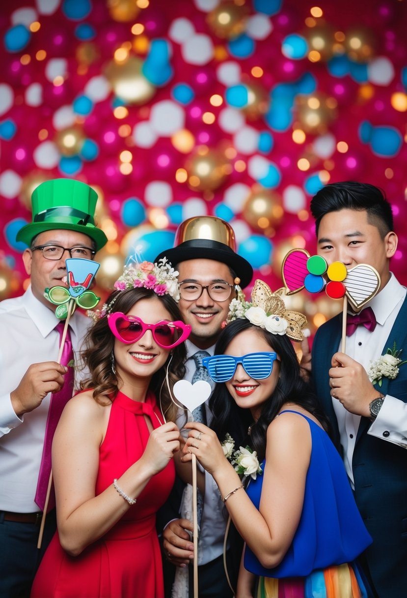 A DIY photo booth with colorful props and wedding-themed decorations