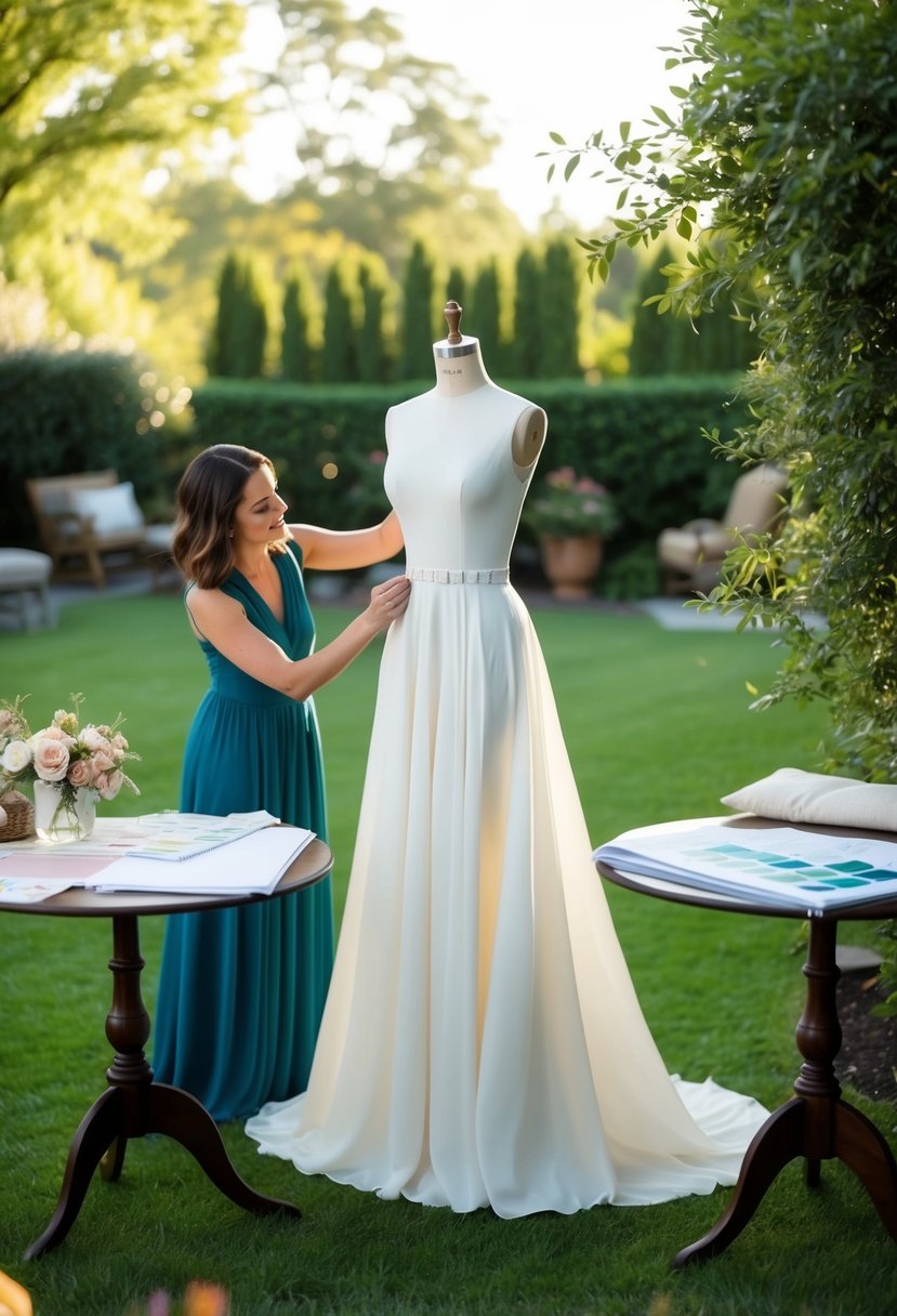 A serene backyard setting with a tailor measuring a flowing gown on a dress form. Tables display fabric swatches and design sketches