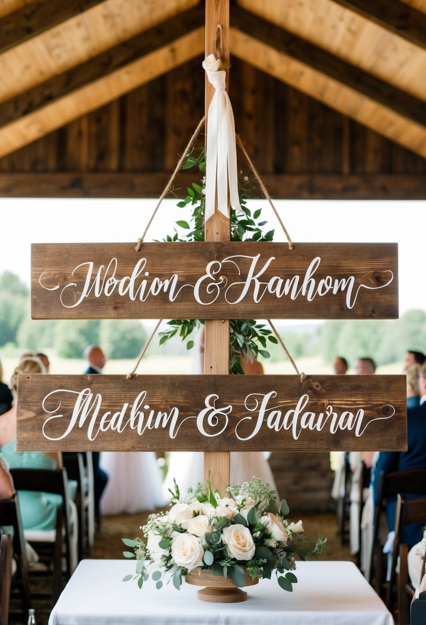 Rustic wooden signs hang above a wedding altar, displaying the couple's names in elegant calligraphy