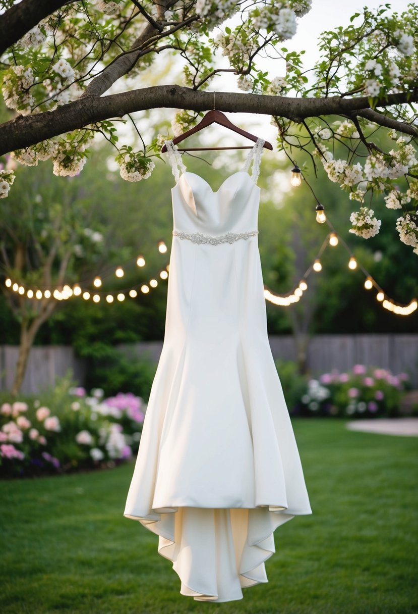 A serene backyard wedding scene with a white dress hanging from a tree branch, surrounded by blooming flowers and twinkling string lights