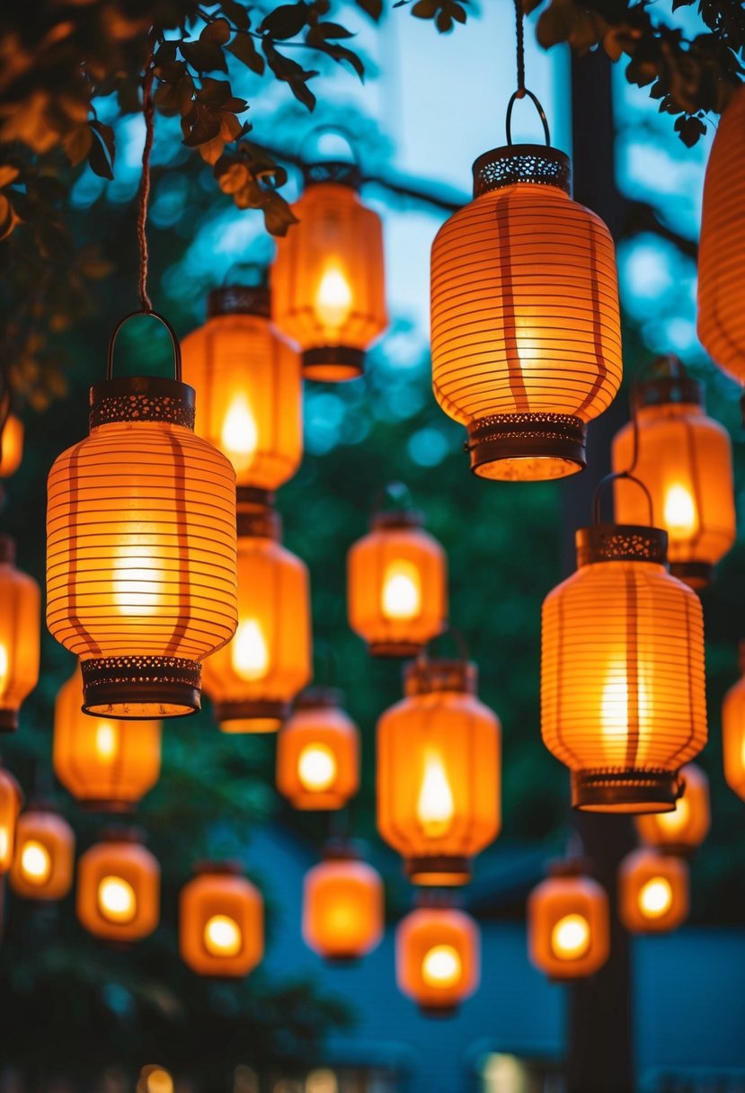 Warm light from hanging lanterns creates a cozy ambiance for a civil wedding