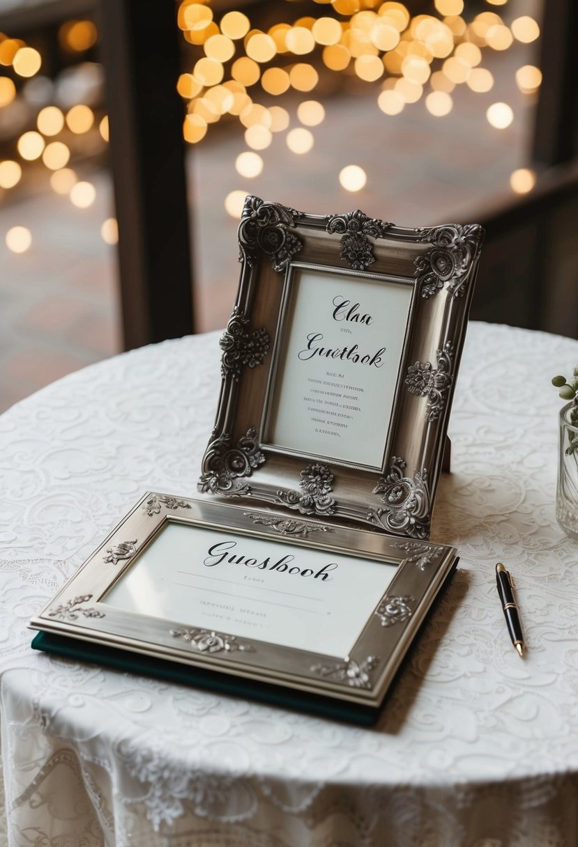 A vintage-inspired guestbook table with lace tablecloth, antique ink pen, and ornate silver frame for civil wedding decoration