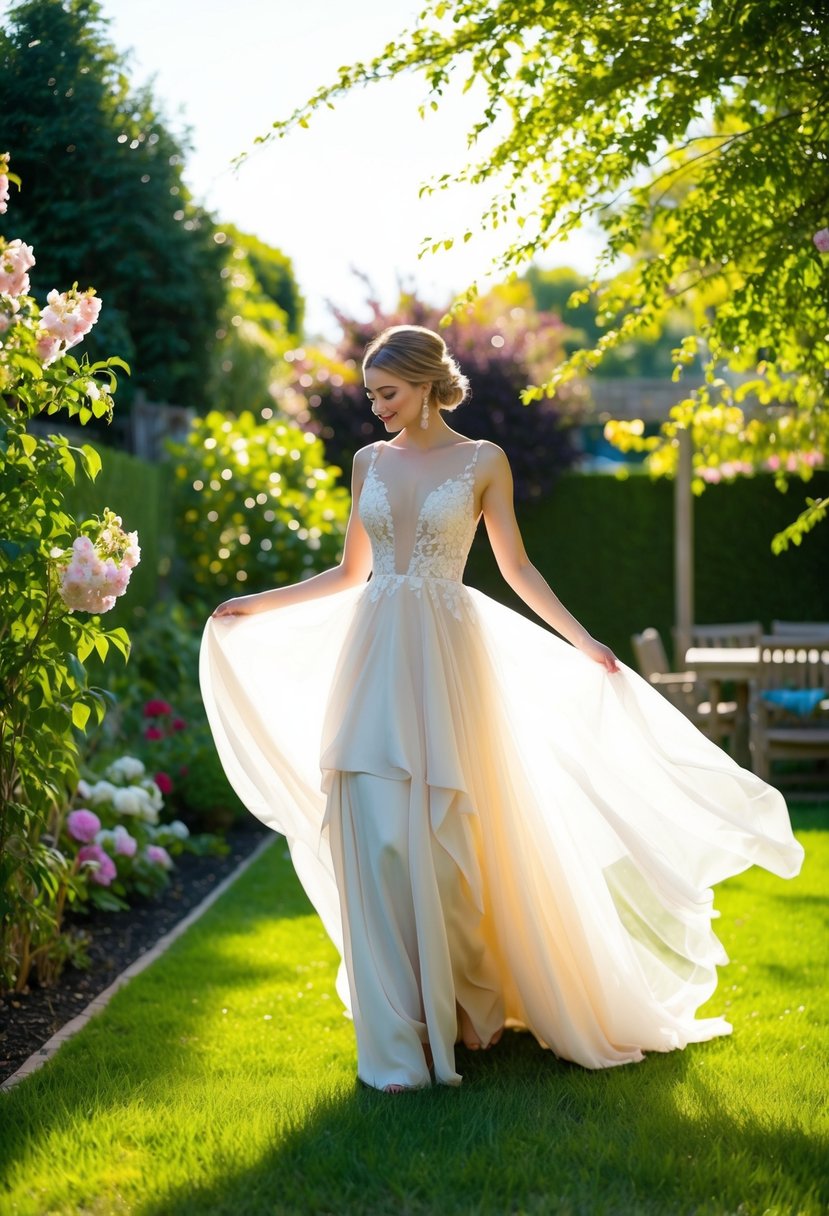 A flowing high-low gown billows in the breeze amidst a lush backyard setting, with blooming flowers and dappled sunlight